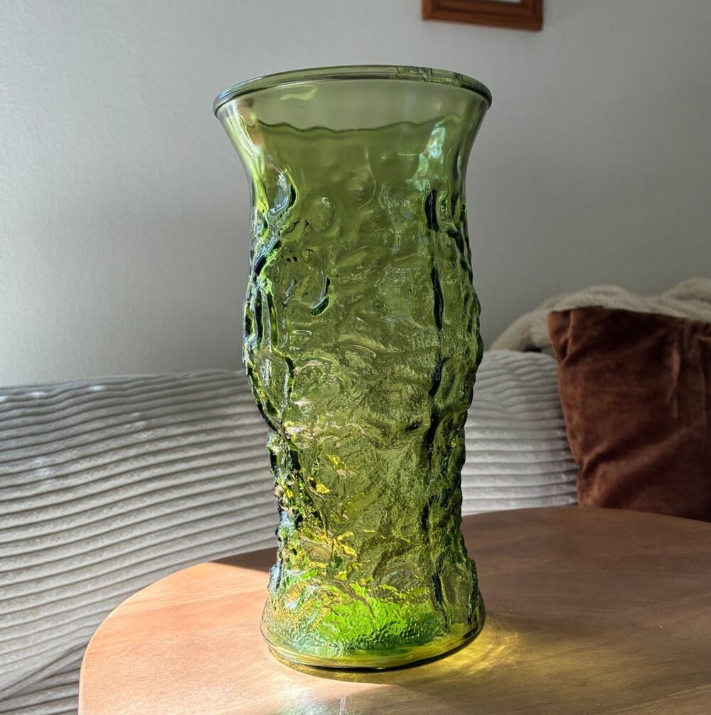 Vintage Mid-century Green Crinkle Textured Glass Vase